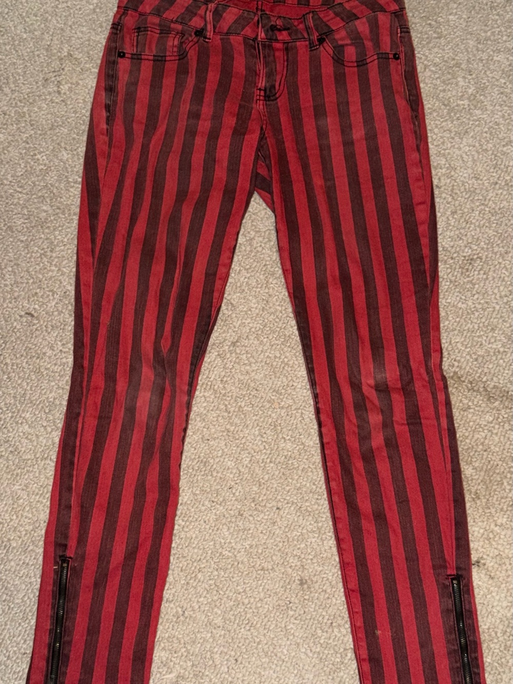 Red and Black Vertical Stripe Skinny Jeans